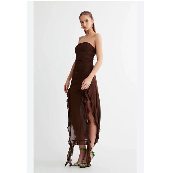 BCBGMaxazria Women Y2K Brown Silk Chiffon Strapless Handkerchief Woodland Fairy - Picture 1 of 13